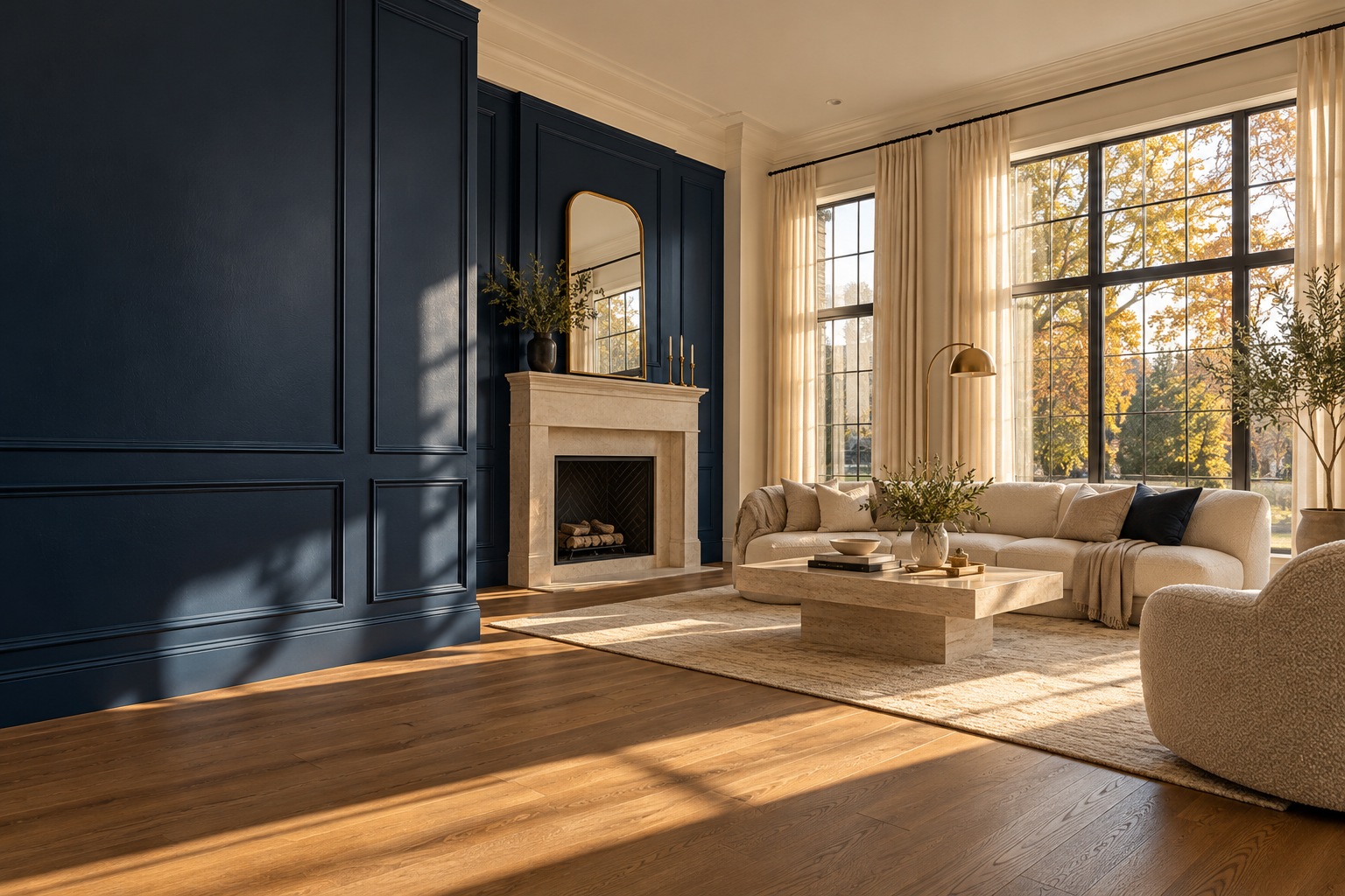 Completed painted living space with navy sofa and fireplace